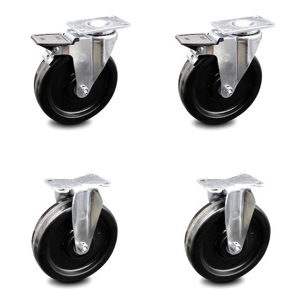 6 Inch Phenolic Swivel Top Plate Caster Set with 2 Brakes 2 Rigid